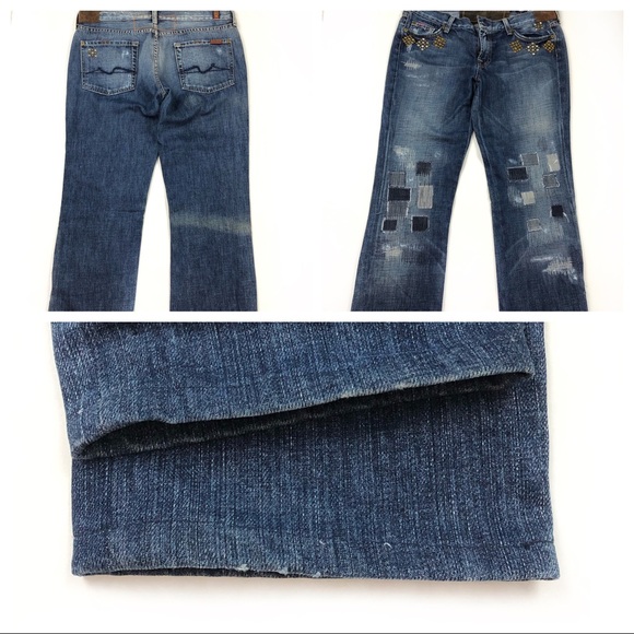 7 For All Mankind Patch Studded Distressed Jeans Size 29 - Picture 3 of 7